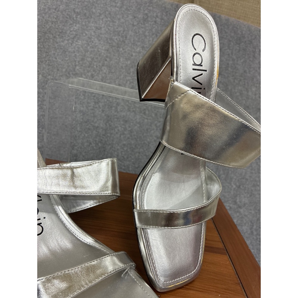 Metallic Calvin Klein Womens Silver Double Strap Block Heel Slide Sandals 11